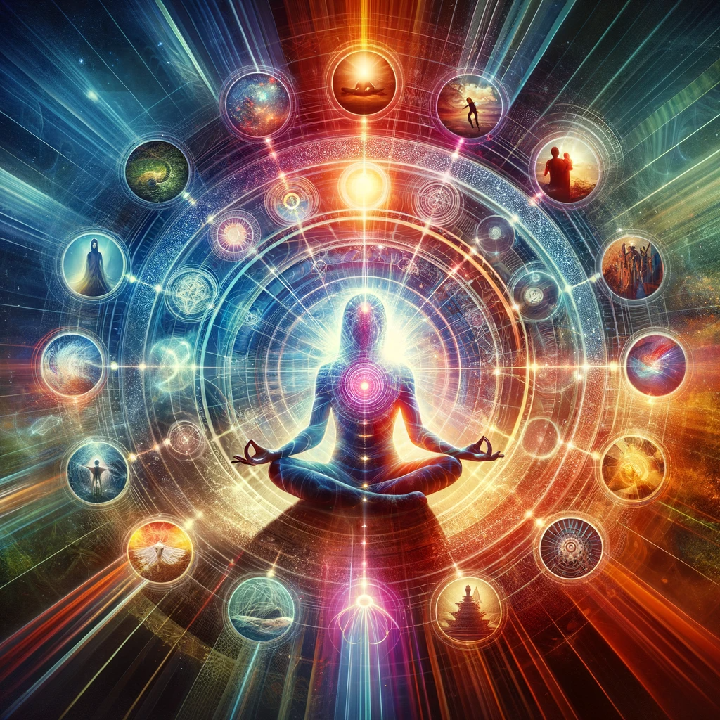 DALL·E 2024-01-31 14.40.24 - A mystical figure meditating in a lotus position, encircled by a spectrum of light that transitions into various scenes of personal milestones and ach